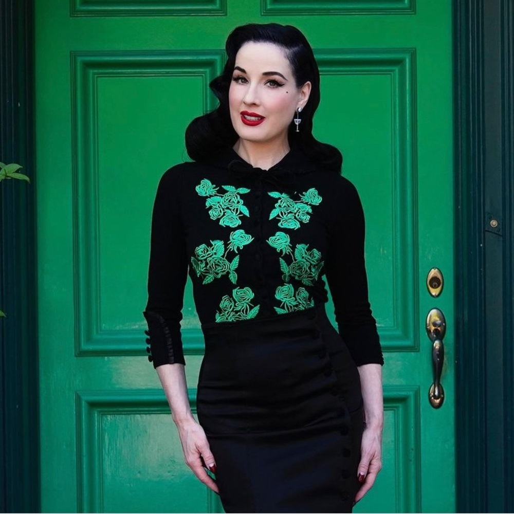 Wheels and Dollbaby Dita Cardigan Black with Emerald Embroidered 12 NWT